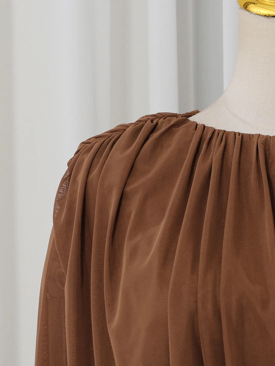 VGH Yellow Dinner Loose Folds Maxi Dresses for Women O Neck Shoulder Pud High Waist Temperament Dress Female Fashion Clothing