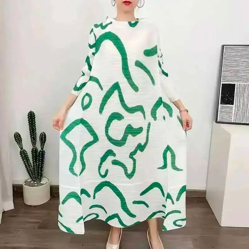 LANMREM Color Block Pleated Dress Women Loose Style Long Length Fashion Dresses Festival Clothes 2024 Spring Summer New 2DA1028