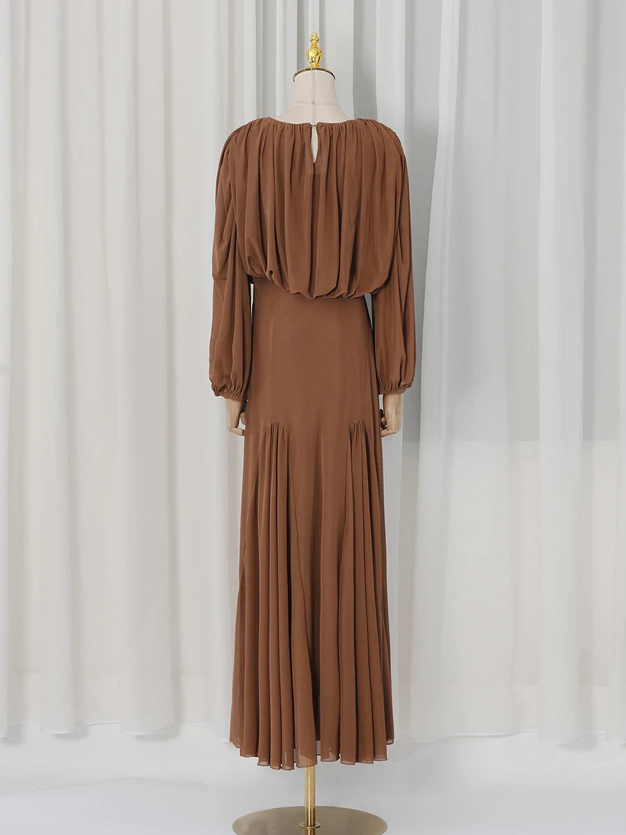 VGH Yellow Dinner Loose Folds Maxi Dresses for Women O Neck Shoulder Pud High Waist Temperament Dress Female Fashion Clothing