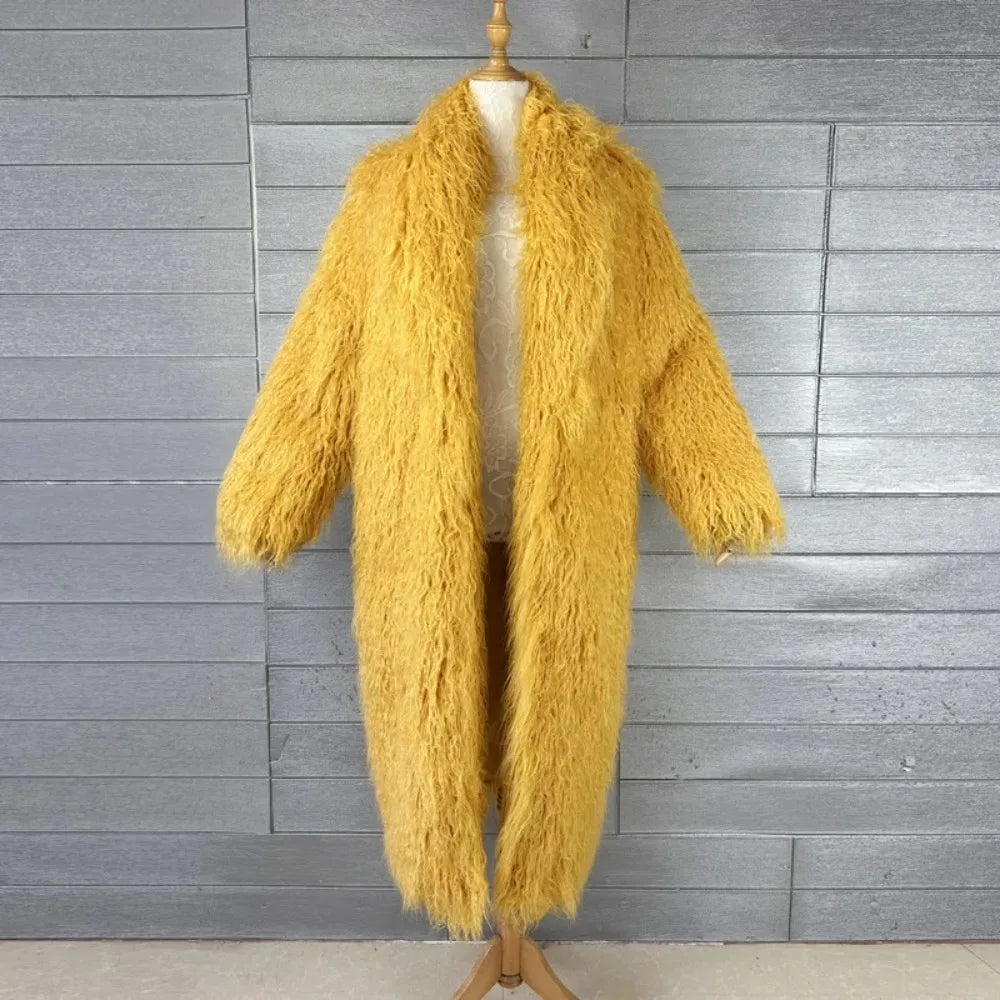 Veste en fausse fourrure femme, manteau long épais et duveteux pour l'hiver, shaggy, ouvert, col rabattu, streetwear