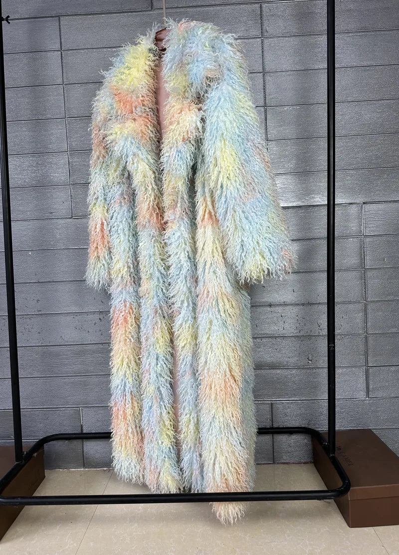 LANMREM Trendy Women's Faux Fur Coat Printed Colorful Furry Coats Autumn Winter Chic Suit Collar Thick Long Overcoat 2DB5840