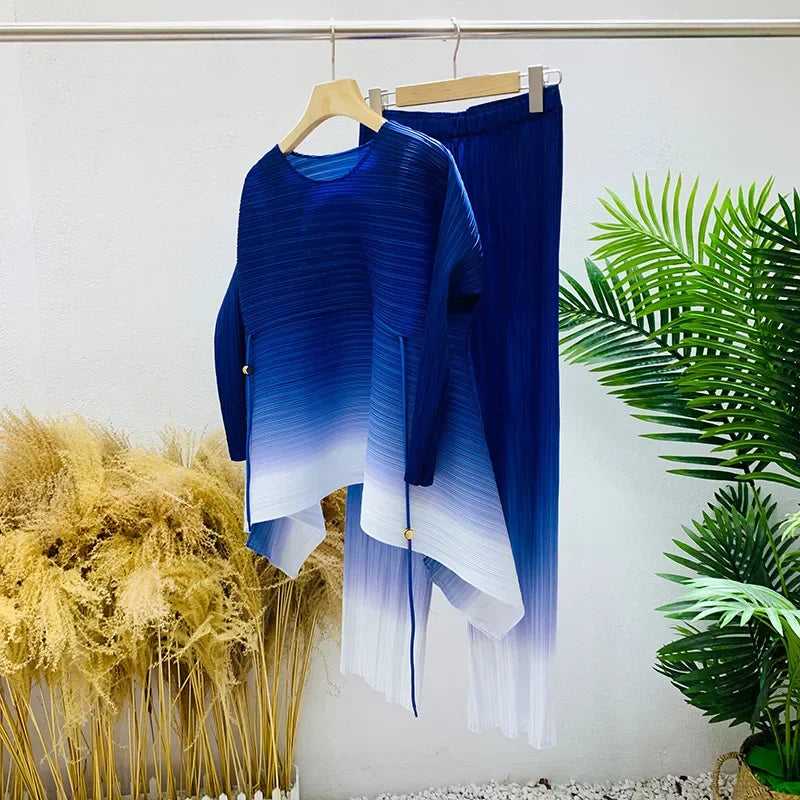 Miyake Fold Suit for Women 2024 Spring Summer Loose Foreign Style Two-piece Fashion Meat Shield Wide-leg Pants Two-piece Set