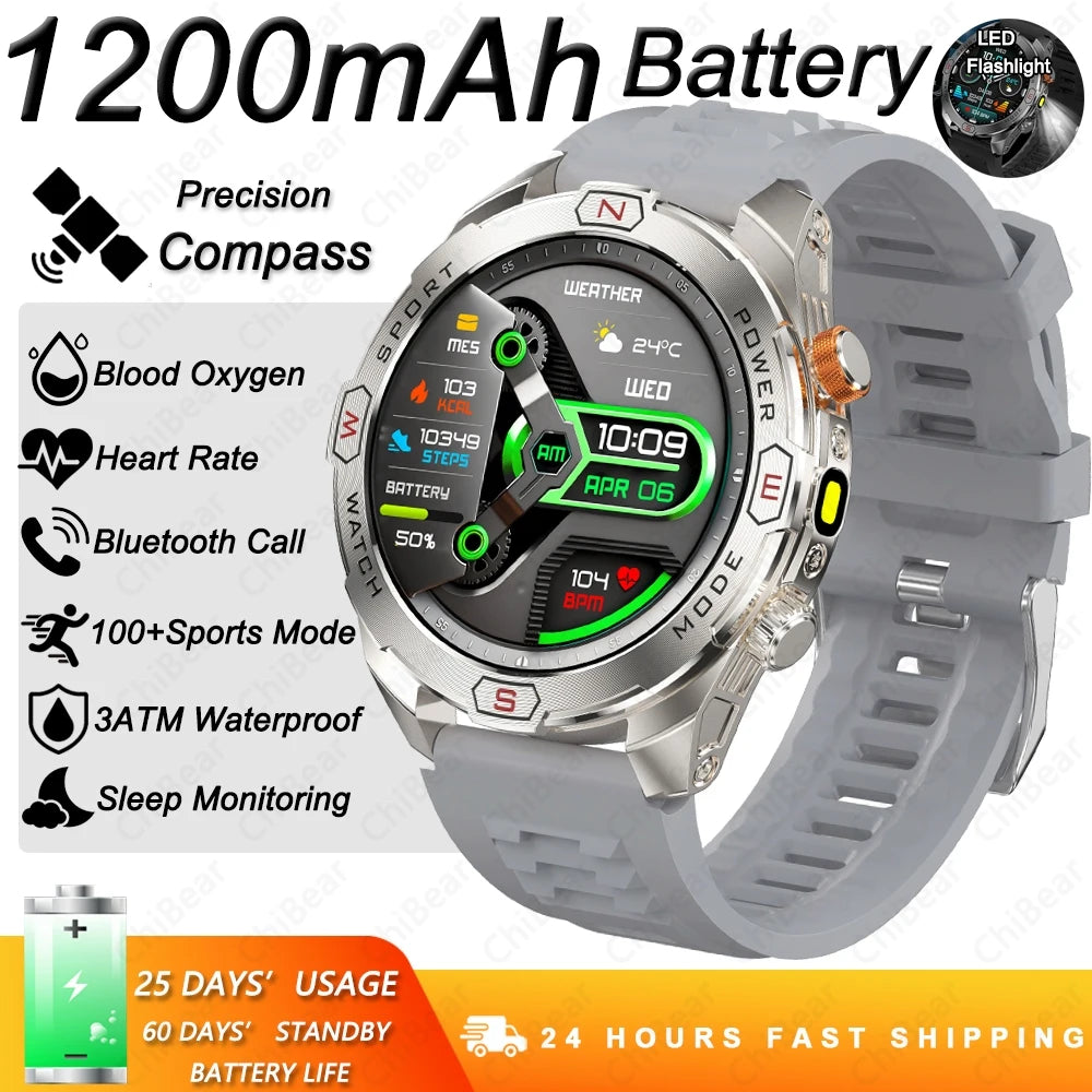 Military Grade 1200 mAh Battery Smart Watch Men LED Flashlight Outdoor Sports Fitness Tracker Compass Bluetooth Call Smartwatch