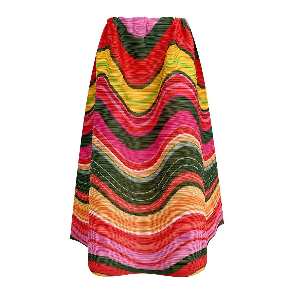 Women's Pleated Top & Printed Mid-Calf Skirt Set