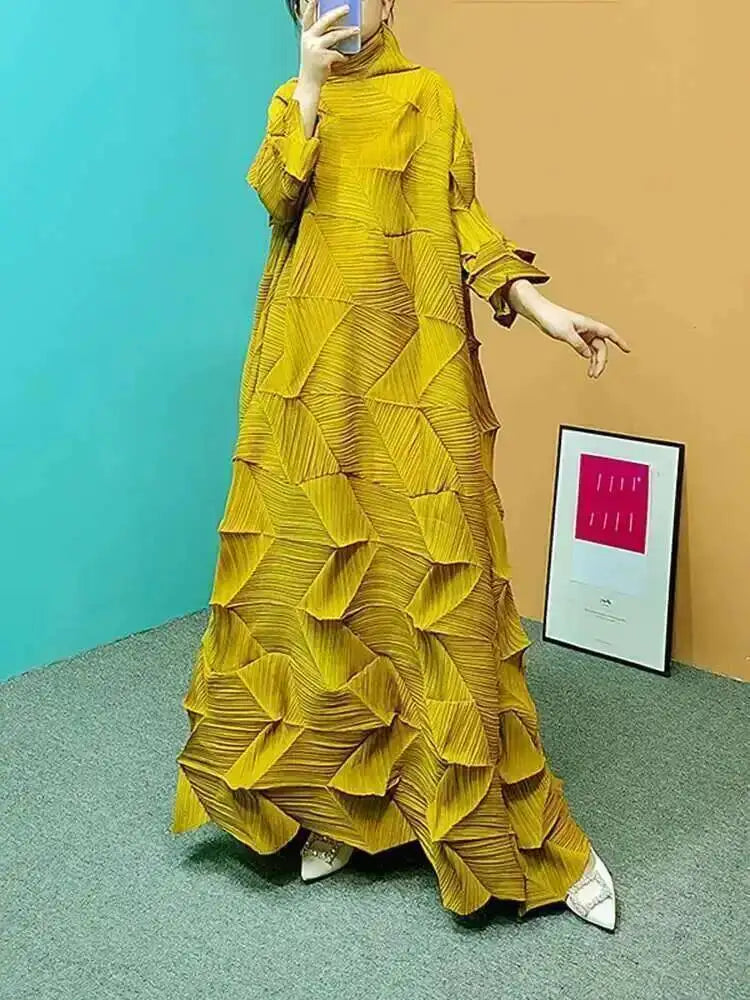 Women's Pleated Maxi Dress | Turtleneck Solid Colour Loose A-Line | Spring Summer 2025 | AvantBah