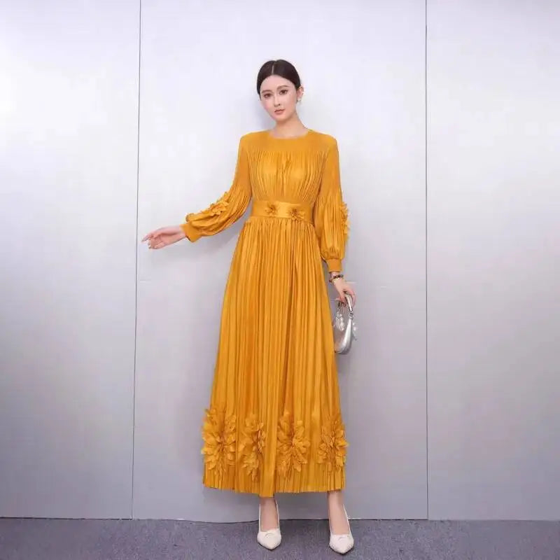 Women's Pleated Appliqué Flare-Sleeve Maxi Dress