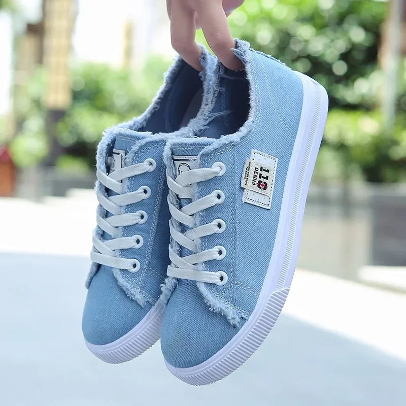 Women's Denim Canvas Sneakers | Low Top Lace-Up Flat Board Shoes | HotTrendyPicks