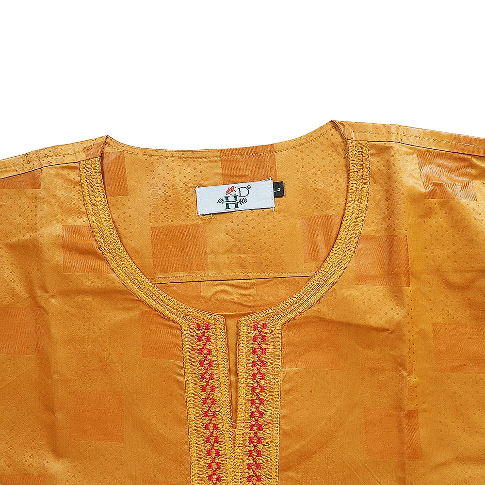 African Men's Traditional Agbada Sets 3PCS Yellow Bazin Riche Embroidery Wedding Party Couple Suits boubou