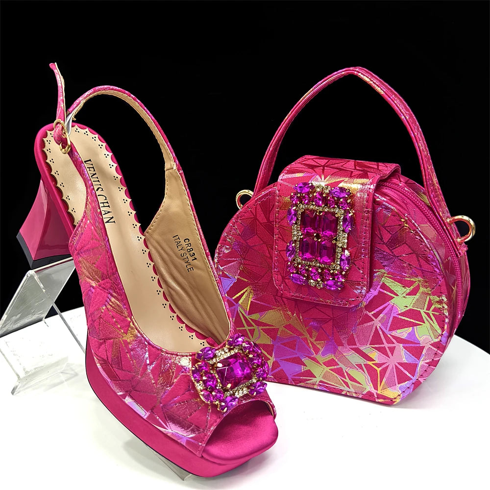 Elegant Women Heels for Peep Toe Good Material Design Rhinestone Fuchsia Sandals Italian Shoes and Bags