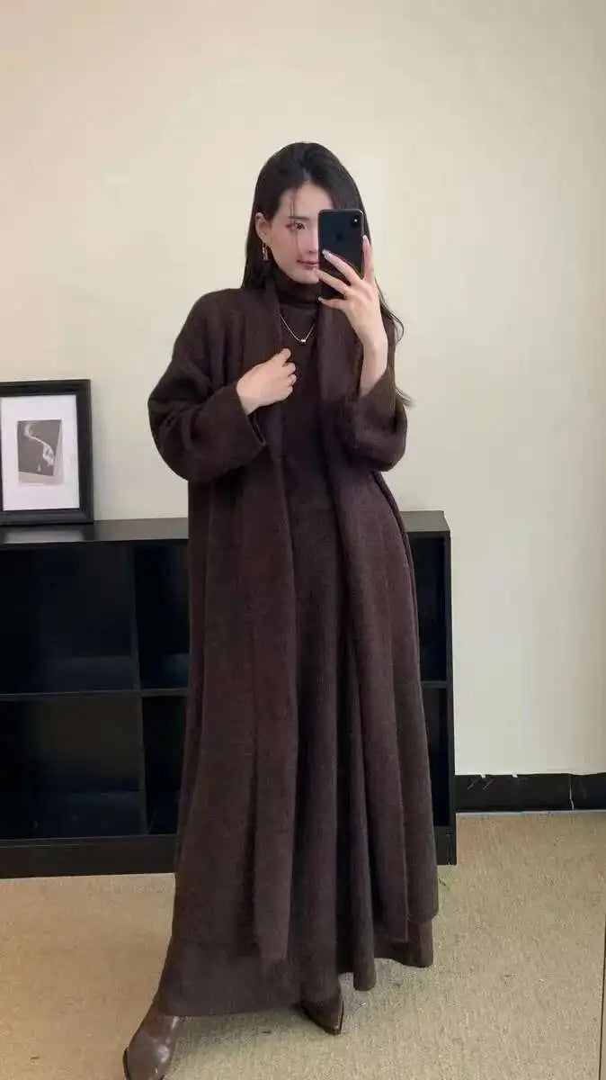 Ensemble 3 Pièces Tricoté Élégant Femme – Long Cardigan, Gilet Sans Manches, Jupe Longue Taille Haute Évasée