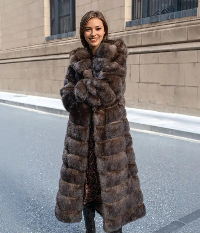 Manteau Chic Vintage Marron pour Femme, en Fausse Fourrure, à Capuche, Chaud, Épais, avec Bordure en Fourrure, Respectueux de l'Environnement