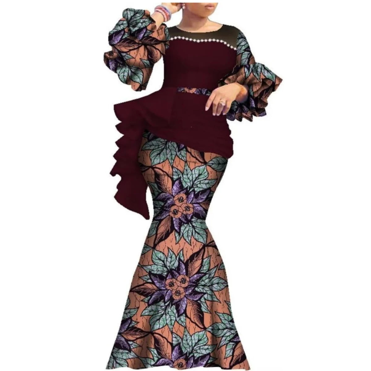 African Women's Long Dress Dashiki Traditional Costume Pearl Dresses Lantern Sleeve Ankara Wedding Party Clothing WY7769