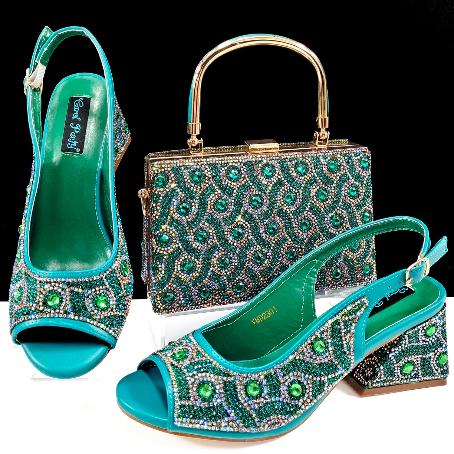 Women's Rhinestone Design Shoes and Bag Set Open Toe Comfortable Heels