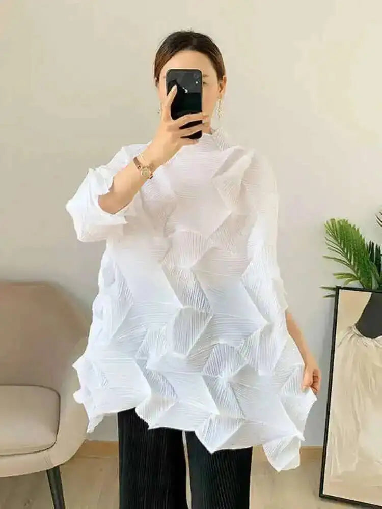 Women's Pleated Stand Collar Top | Loose Solid Colour Chic T-Shirt | Spring Summer 2026 | AvantBah
