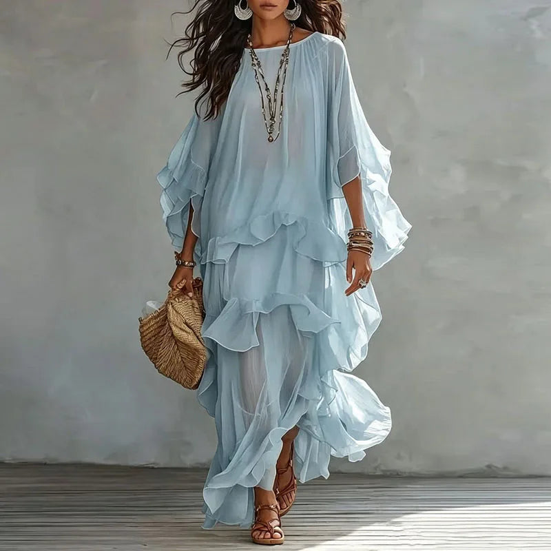 Vintage Solid Tiered Ruffle Mesh Dress Women Crew Neck Loose Batwing Sleeve Sheer Maxi Dress Elegant Holiday Travel Casual Dress