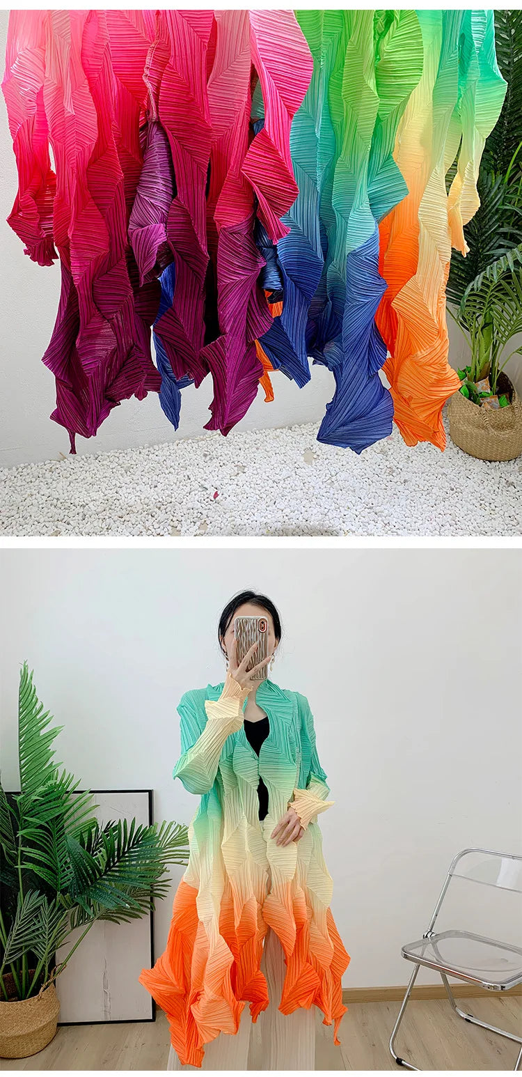 Women's Miyake Pleated Gradient Cardigan Cape Jacket | Loose Mid-Length Autumn Coat 2025 | AvantBah