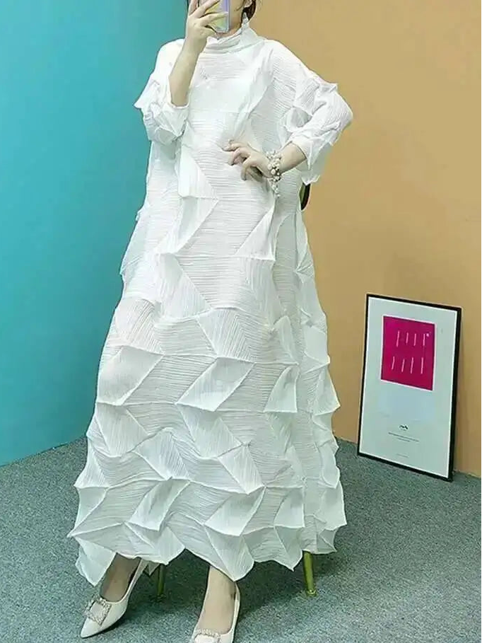 Women's Pleated Maxi Dress | Turtleneck Solid Colour Loose A-Line | Spring Summer 2025 | AvantBah