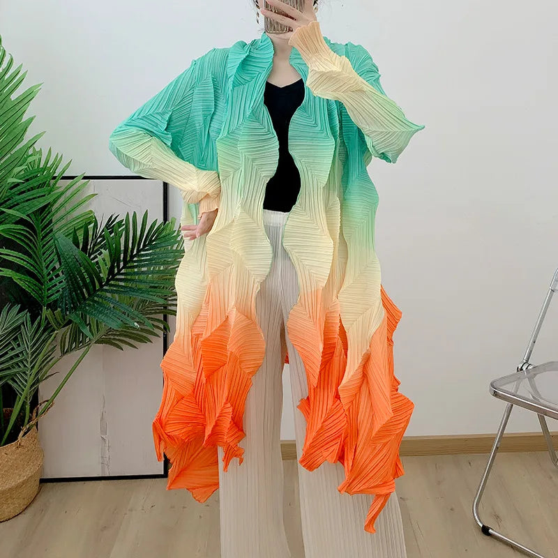 Women's Miyake Pleated Gradient Cardigan Cape Jacket | Loose Mid-Length Autumn Coat 2025 | AvantBah