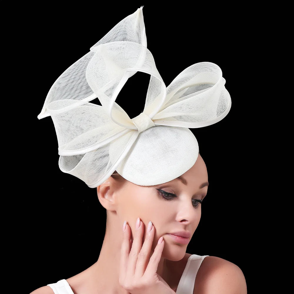 2025 New Fascinators Hat Beige Bowknot Light Blue Cocktail Fedoras Derby Accessory Headbands Lady Chuch Headpiece Headwear