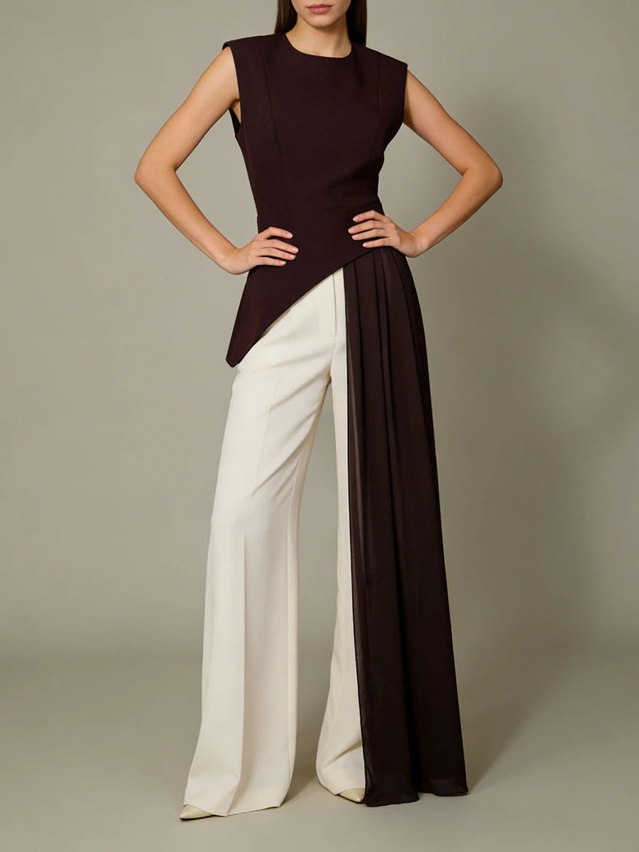 VGH Office Elegant Spliced Zip Sleeveless Shirts for Women O Neck Irregular Hem Spliced Mesh Ribbon Minimalist Blouse Female New