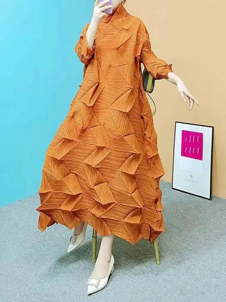 Women's Pleated Maxi Dress | Turtleneck Solid Colour Loose A-Line | Spring Summer 2025 | AvantBah