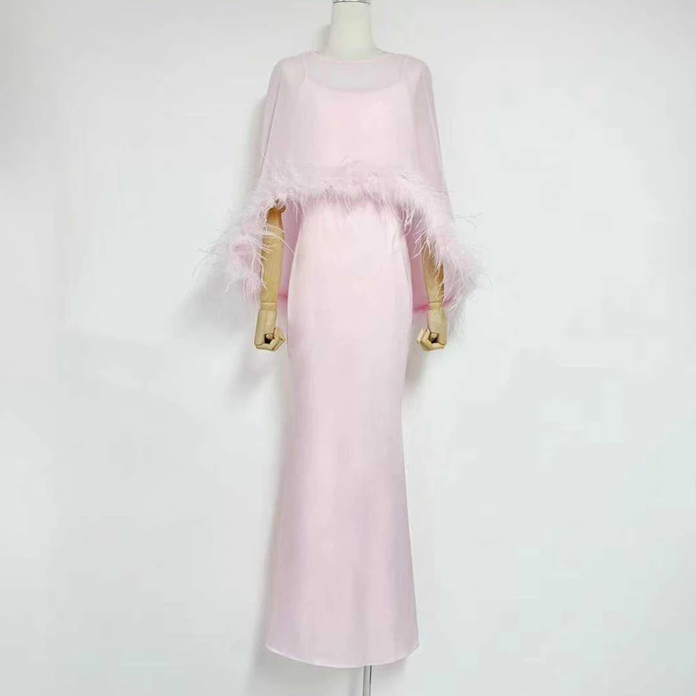 VGH Formal Feather Cape Sleeve Maxi Dress for Women O Neck Spaghetti Strap Floor Length Long Evening Prom Cocktail Party Gown