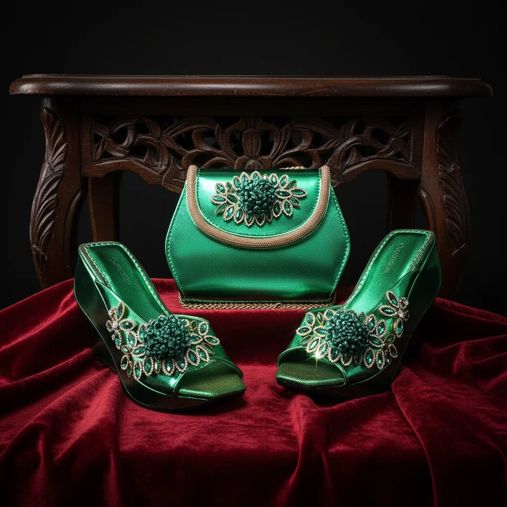 Newest Italian Design Special Synthetic Fabrics Women's Wedge heel Matching Shoe and Bag Set High Heel for Weddings and Parties