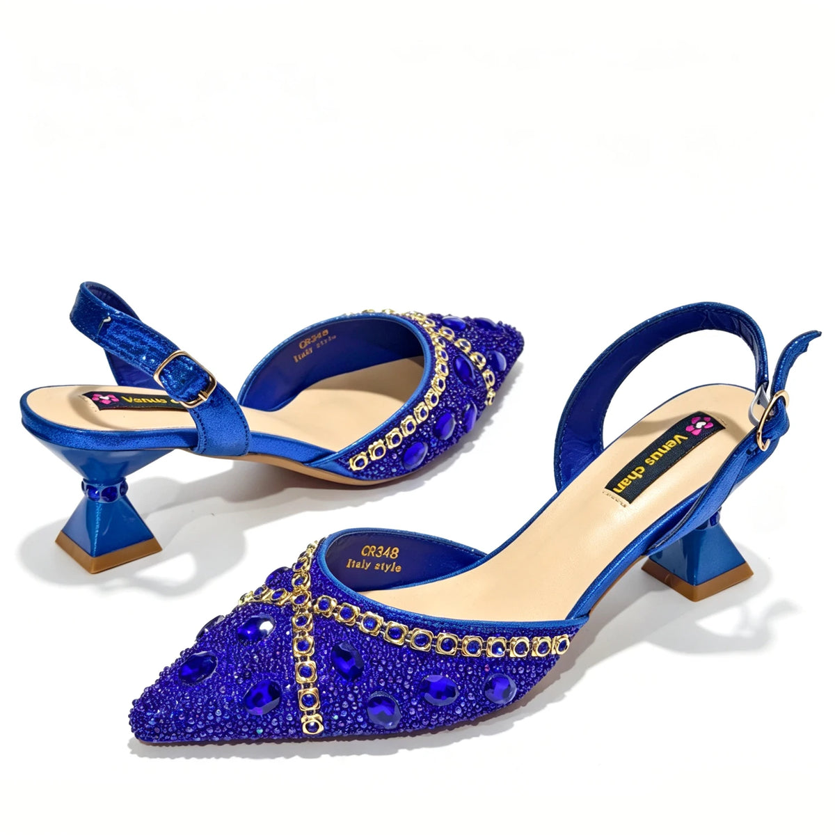 New Italian Design Blue Rhinestone High Heel Shoes & Bag Set Elegant Pointed-Toe For Women Wedding Party Evening Occasions