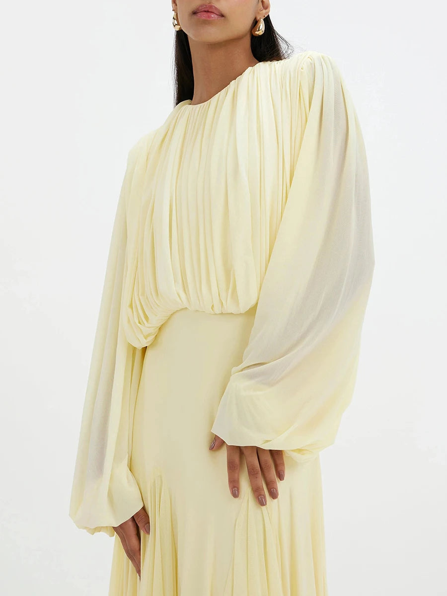 VGH Yellow Dinner Loose Folds Maxi Dresses for Women O Neck Shoulder Pud High Waist Temperament Dress Female Fashion Clothing