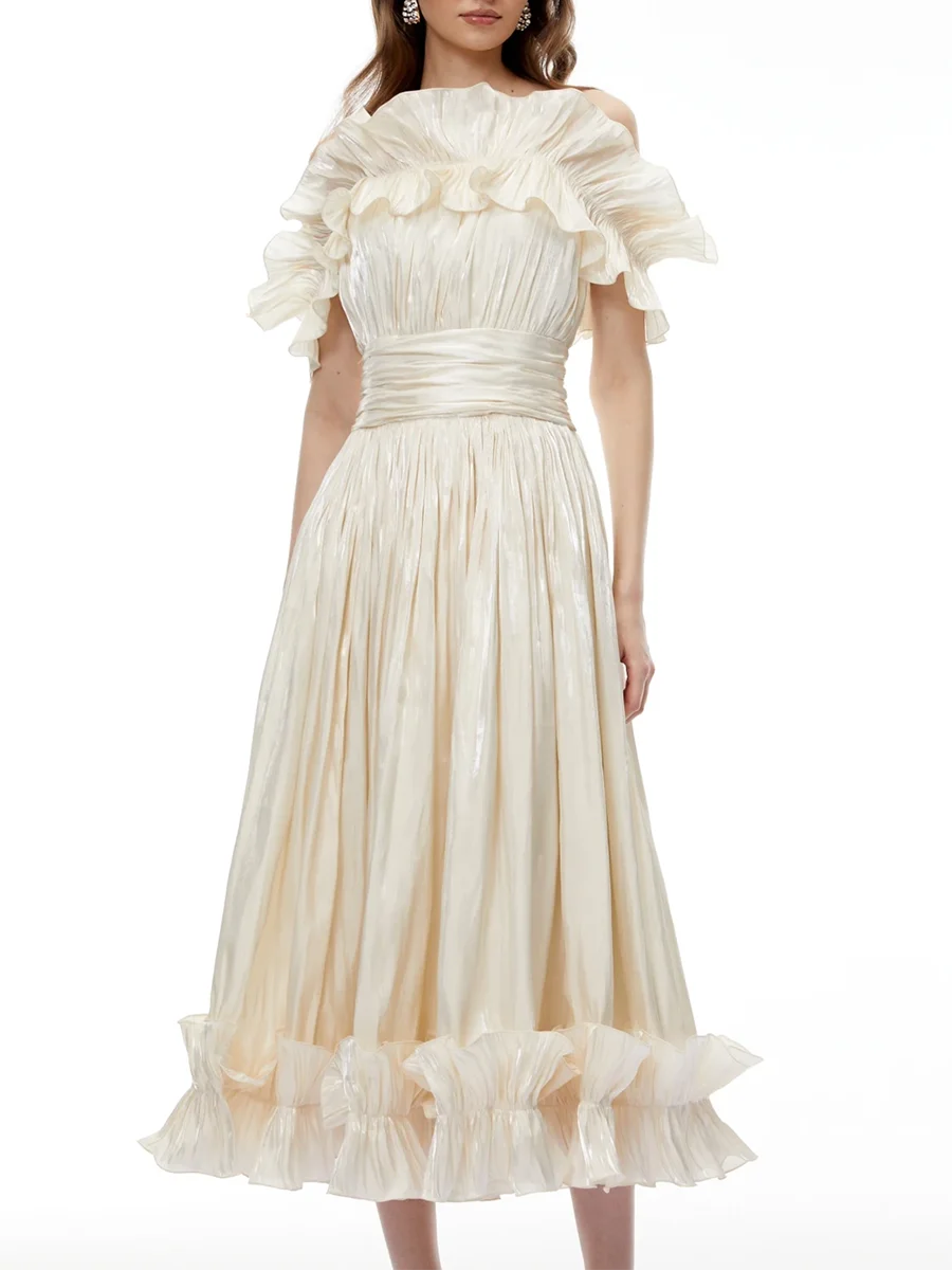 VGH Elegant Off Shoulder Ruffle Midi Maxi Dress for Women Shiny Pleated Waistband Back Zipper for Formal Prom Evening Party Gown
