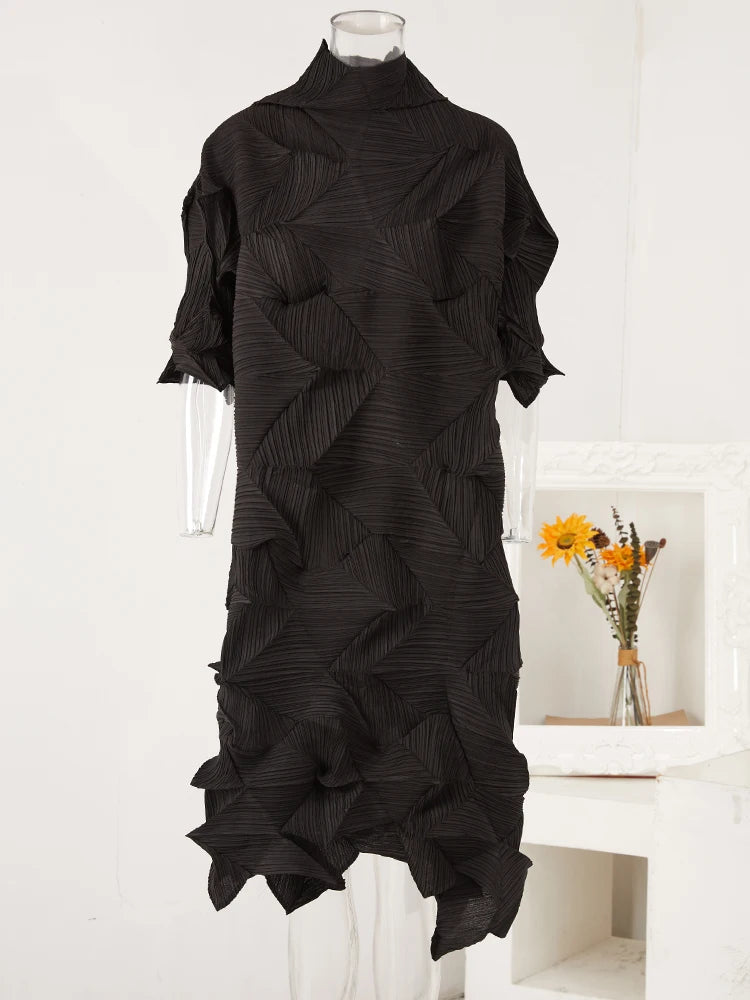 Women's Pleated Turtleneck A-Line Maxi Dress | Vintage Loose Fold Petal Sleeve | Spring 2025 | AvantBah