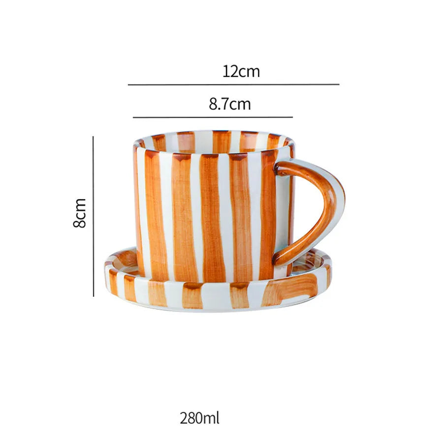 Minimalist Striped Ceramic Cup & Plate Set | 280ml Coffee Tea Cup |