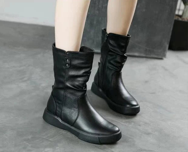 Footwear Half High Mid Calf Ladies Boots Flat Black Shoes For Women Round Toe Chic Point Hot Promotion Fashion 2025 Demi-season