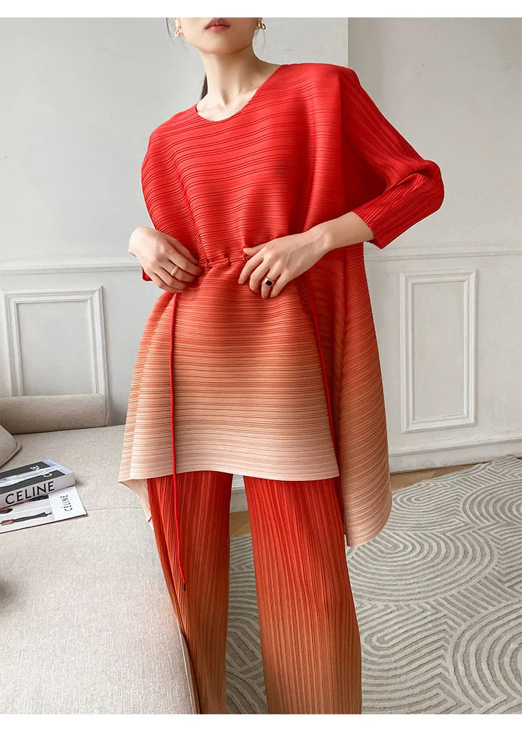 Miyake Fold Suit for Women 2024 Spring Summer Loose Foreign Style Two-piece Fashion Meat Shield Wide-leg Pants Two-piece Set