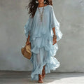 Vintage Solid Tiered Ruffle Mesh Dress Women Crew Neck Loose Batwing Sleeve Sheer Maxi Dress Elegant Holiday Travel Casual Dress