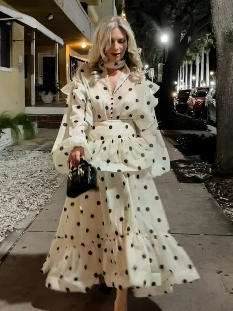 Polka Dot Skirt 2 Piece Set Women Casual High Collar Tie Full Sleeves Elastic High Waist Long Skirt Suit Lady Daily Outfit New