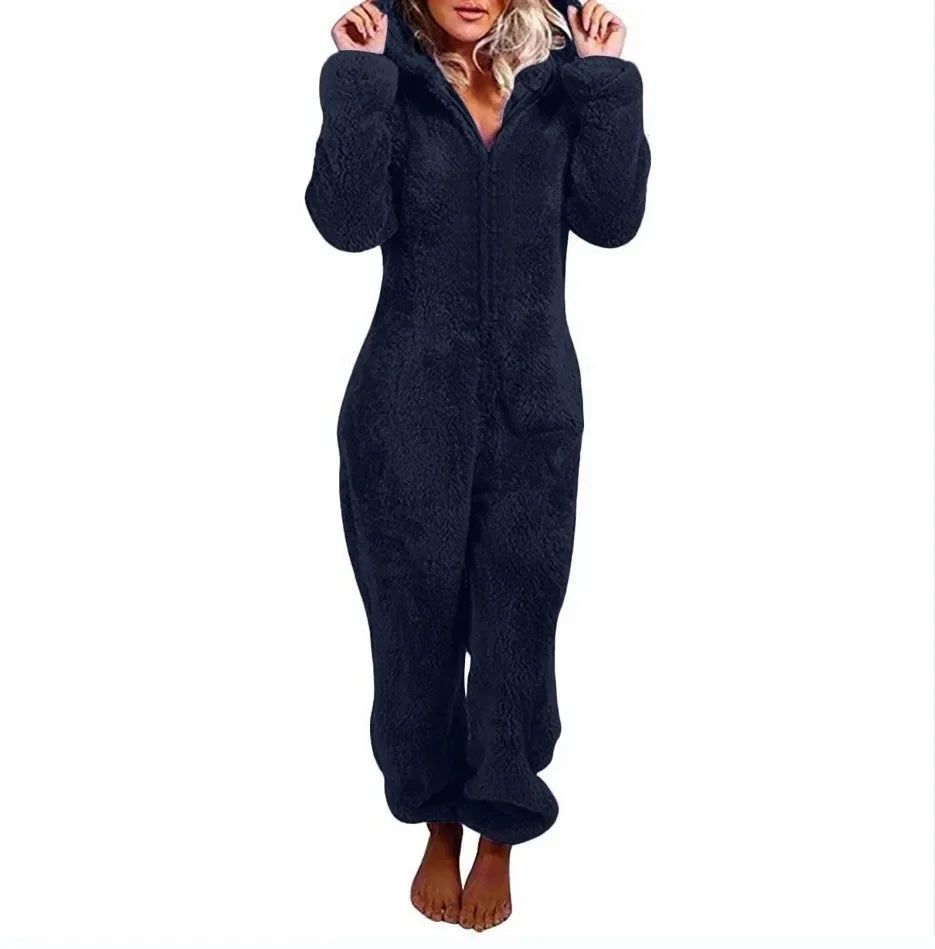 Autumn Winter Thick Fleece Women's Onesie Pajamas with Hat Casual Style Comfortable Soft Fabric