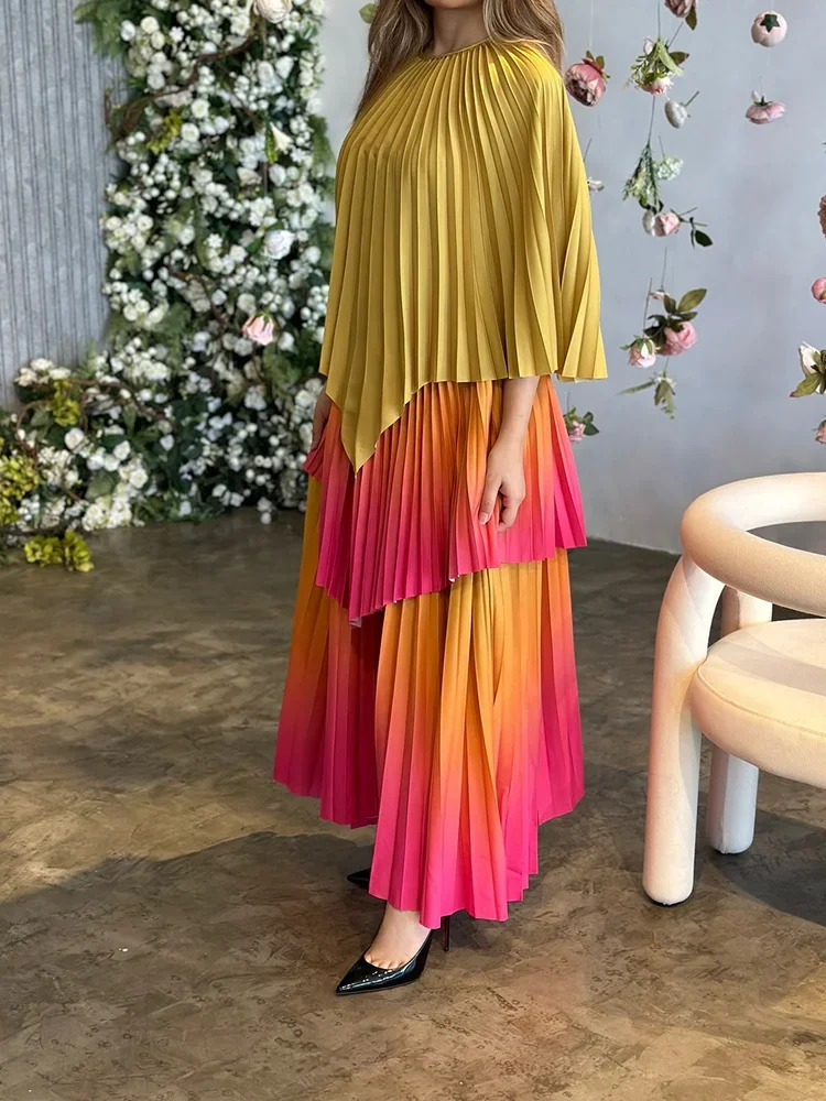 Women's Gradient Pleated Two-Piece Set | Irregular Top & High-Waist A-Line Skirt | Plus Size | AvantBah
