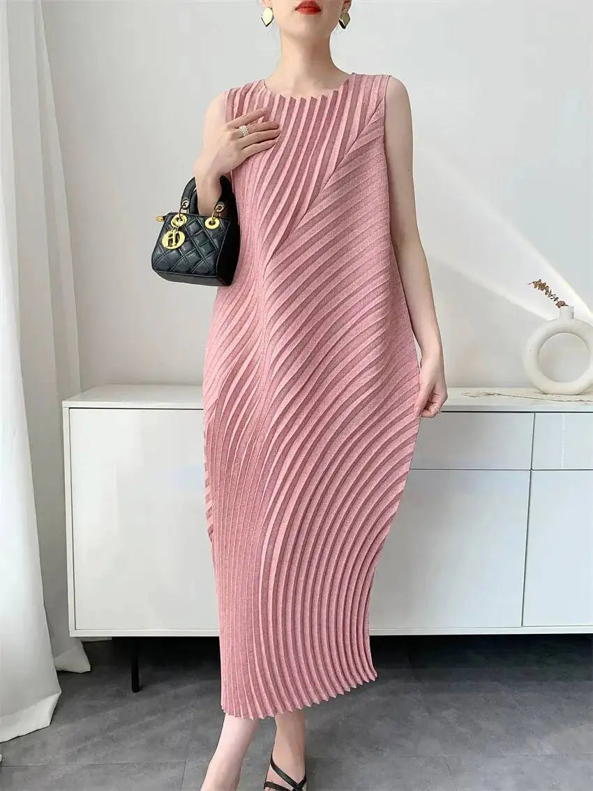 LANMREM Handmade Pleated Women's Sleeveless Summer Dress Wave Pattern Irregular Loose O-neck Mid-Length Pleated Dresses 2DB4814