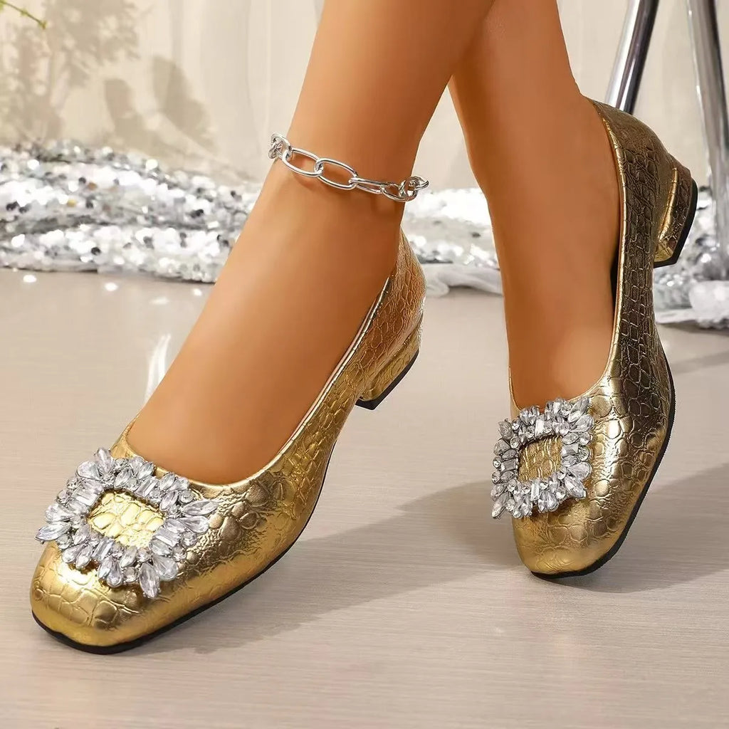 Gold Single Shoes Women's Square Toe Rhinestone High Heels 2025 Spring and Autumn Comfortable Soft Sole Block Heel Kitten Single
