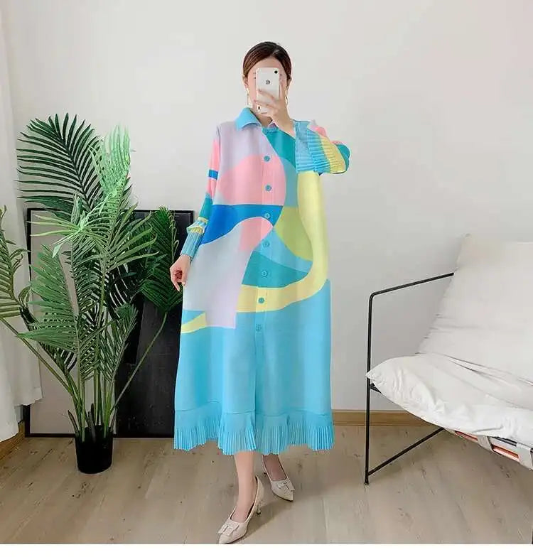 LANMREM Maxi Pleated Dress For Women Lapel Single Breasted Long Sleeves Color Block Tassel Hem Loose Chic Clothing Autumn 2R5928