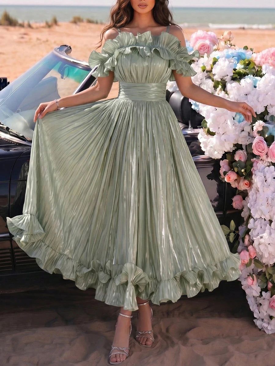 VGH Elegant Off Shoulder Ruffle Midi Maxi Dress for Women Shiny Pleated Waistband Back Zipper for Formal Prom Evening Party Gown