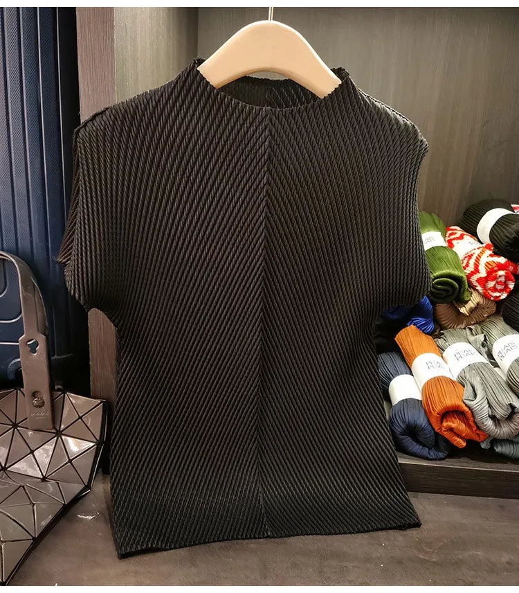 LANMREM Stand Collar Dragon Scale Pleated T-shirt High-end Versatile Slimming Short Sleeved Women's Summer Pullover Tops 2DB3044