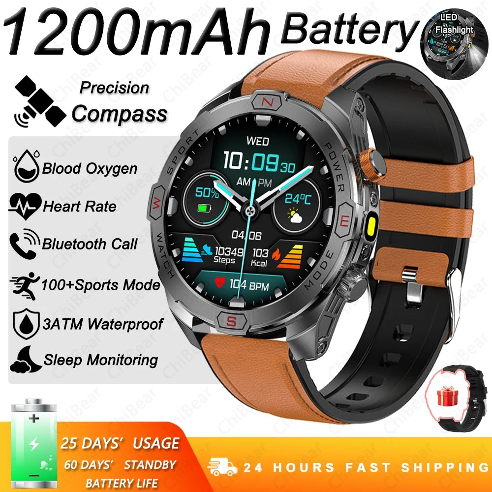 Military Grade 1200 mAh Battery Smart Watch Men LED Flashlight Outdoor Sports Fitness Tracker Compass Bluetooth Call Smartwatch