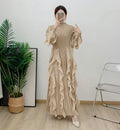 Fashion Ruffles Pleated Dress Women Round Neck Flare Sleeves Solid Maxi Belt Dresses Party 2025 Autumn New