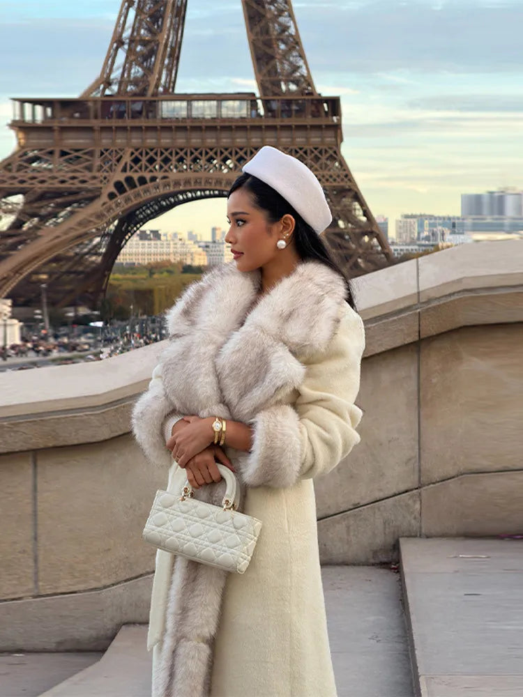 2026 Woman Vintage Faux Fur Woolen Long Luxury Overcoat Chic Full Sleeve V-neck Lace Up Loose Coat New Lady Commute Warm Outwear