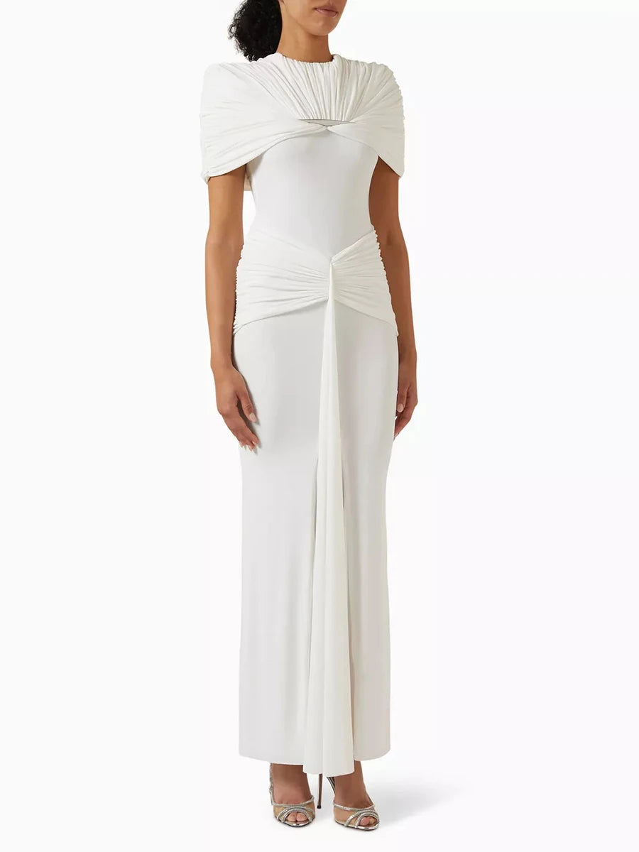 VGH Elegant Light Luxury Maxi Dress for Women Cape Sleeve Cutout Twist Waist Long Gown for Celebrity Formal Dinner Party Outfit