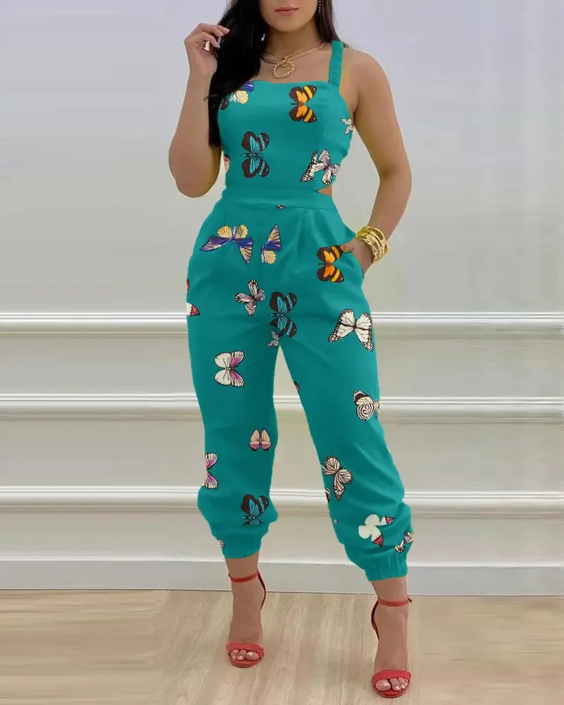 Elegant Women's jumpsuit Summer Fashion Strap Hollow Sexy Off waist Printed jumpsuit