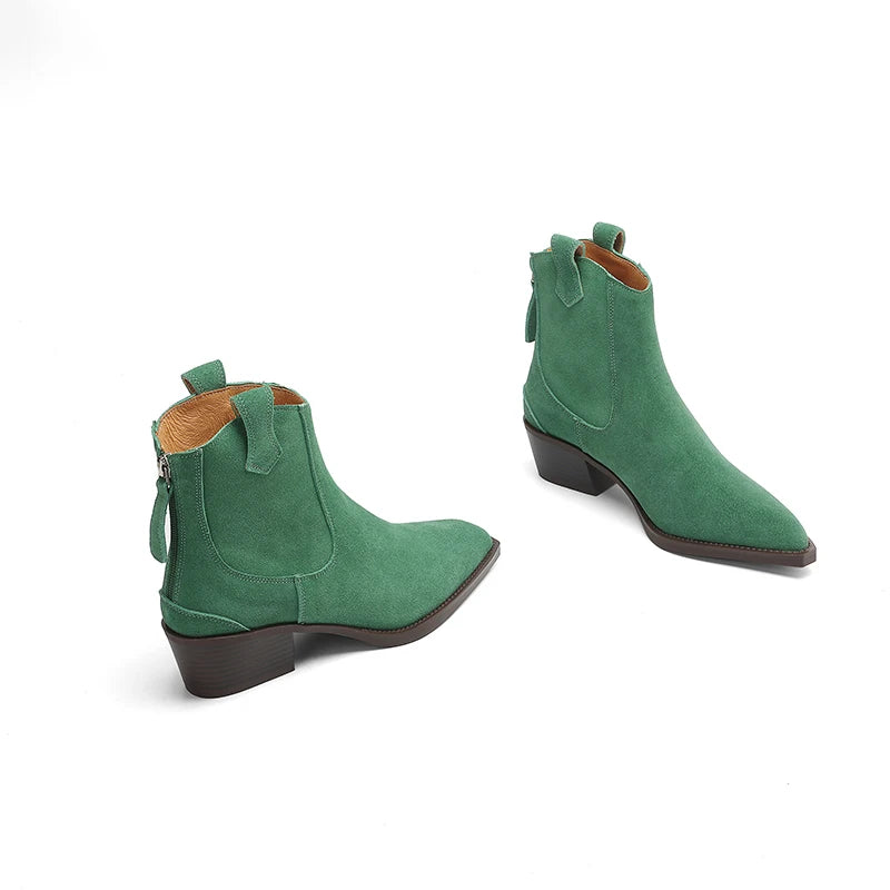 New 2025 Trend Autumn Cow Suede Women Western Boots Black Brown Khaki Chocolate Green Burgundy Pointed Toe Ladies Ankle Boots