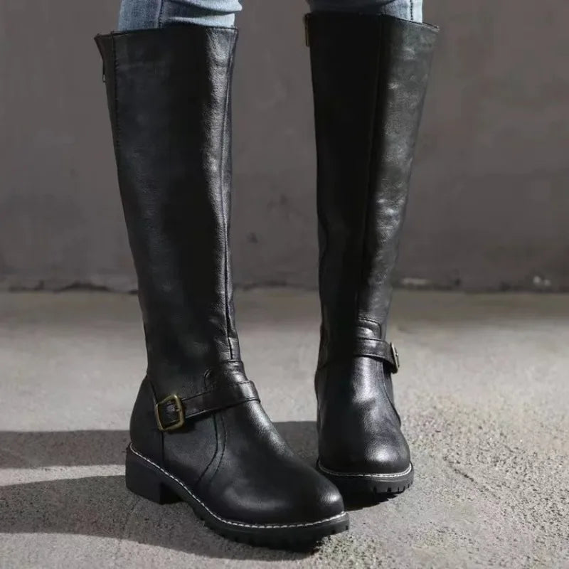 Women’s Punk Chelsea Knee-High Boots – Square Heel | Round Toe | Metal Toe Cap | Side Zip | Waterproof | CN 36–43 | Dark Brown, Black & Yellow